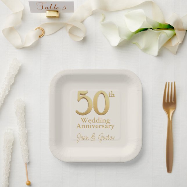 Assiettes En Carton 50e anniversaire de Mariage Champagne Blanc et or (Mariage)