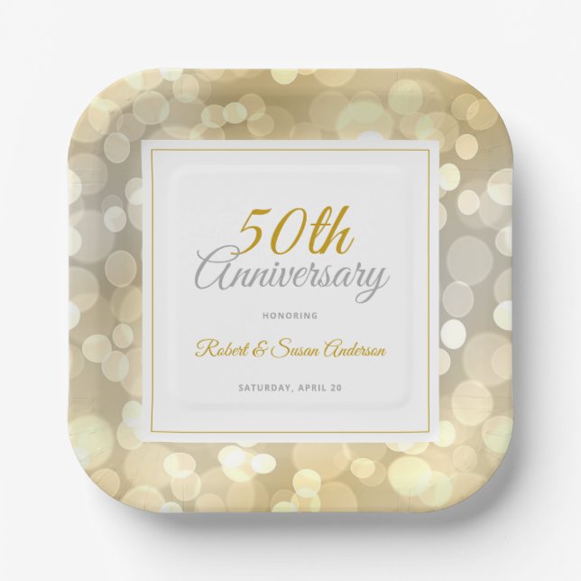 Assiettes En Carton 50e anniversaire de Mariage Elegant Gold Bokeh (Recto)