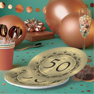 Assiettes En Carton 50e anniversaire de mariage noir dentelle & or