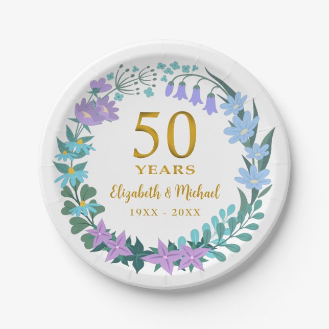Assiettes En Carton 50e anniversaire du Mariage Cloches bleues florale (Devant)