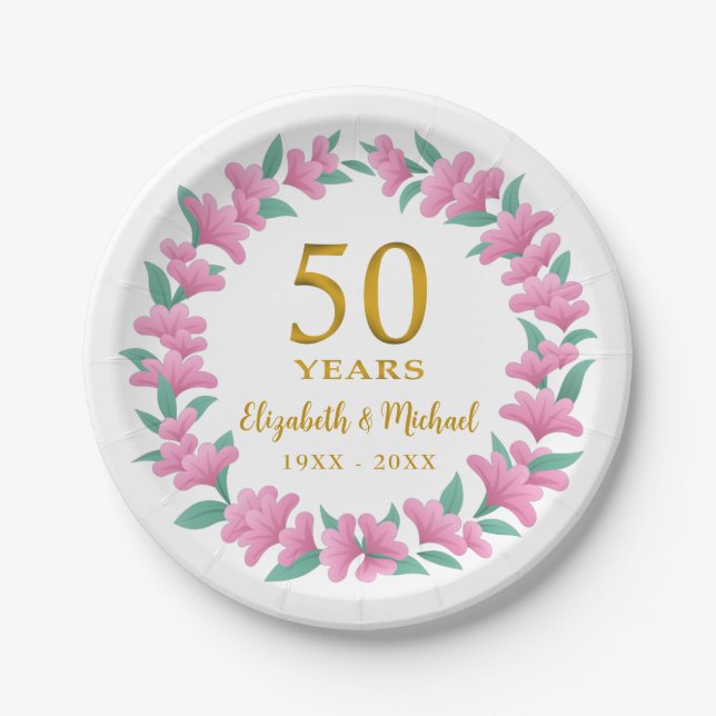 Assiettes En Carton 50e anniversaire du Mariage couronne rose or (Devant)