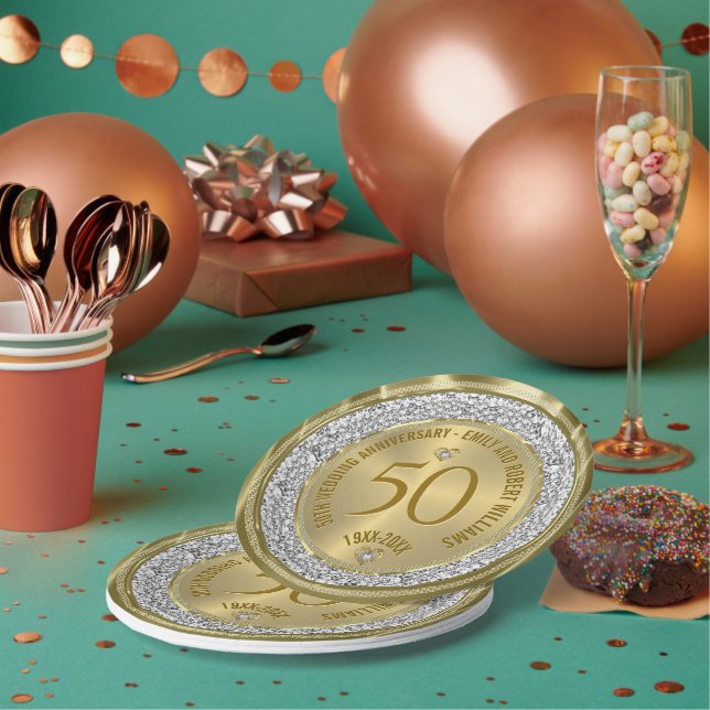 Assiettes En Carton 50e anniversaire du Mariage Diamants blancs d'or (Multi)
