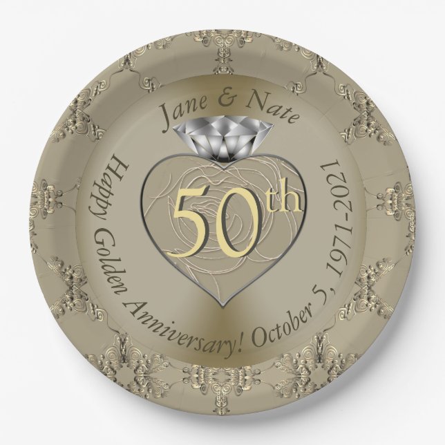 Assiettes En Carton 50e anniversaire du Mariage Diamond Heart Butterfl (Devant)