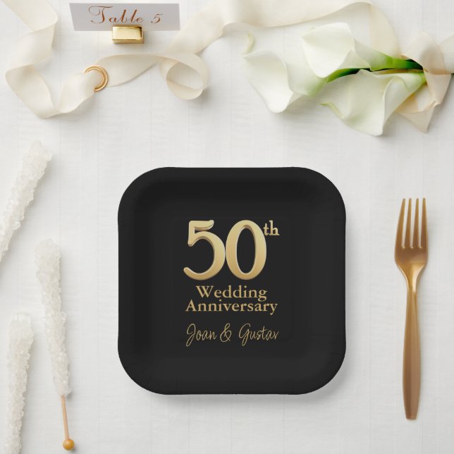 Assiettes En Carton 50e anniversaire du Mariage | Noir et or (Mariage)