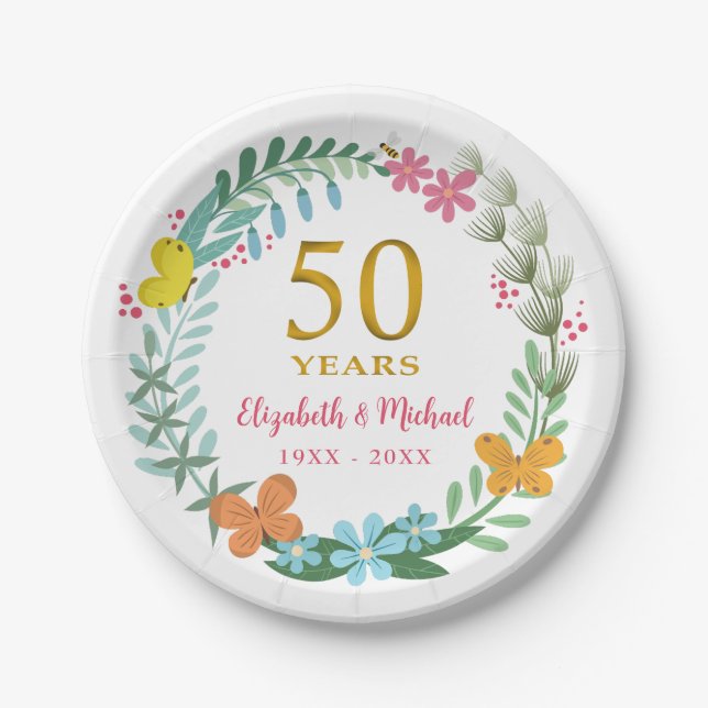 Assiettes En Carton 50e anniversaire du Mariage Papillon floral d'or (Devant)