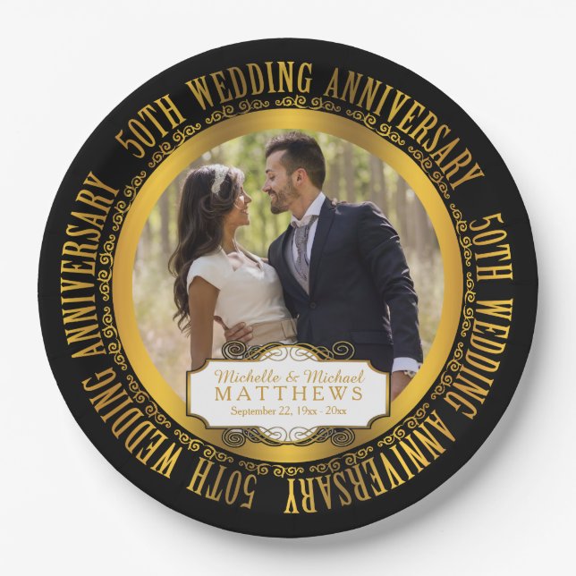 Assiettes En Carton 50e anniversaire du Mariage photo noir | Tonton or (Devant)