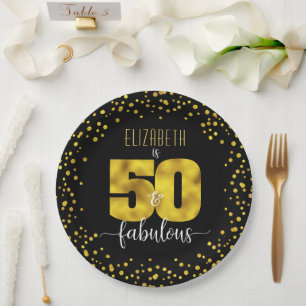 Assiettes En Carton 50e anniversaire fabuleux noir feuille d'or points