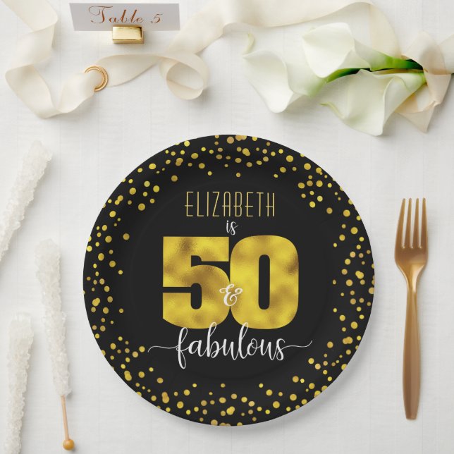 Assiettes En Carton 50e anniversaire fabuleux noir feuille d'or points (Mariage)