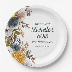 Assiettes En Carton 50e anniversaire Jaune Marine Bleu Floral Bienvenu