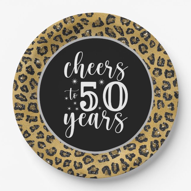Assiettes En Carton 50e Anniversaire Leopard Thème noir et or (Devant)