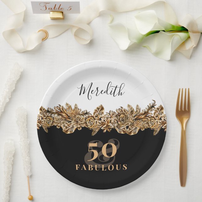 Assiettes En Carton 50e anniversaire Luxe Golden Flowers élégant Class (Mariage)