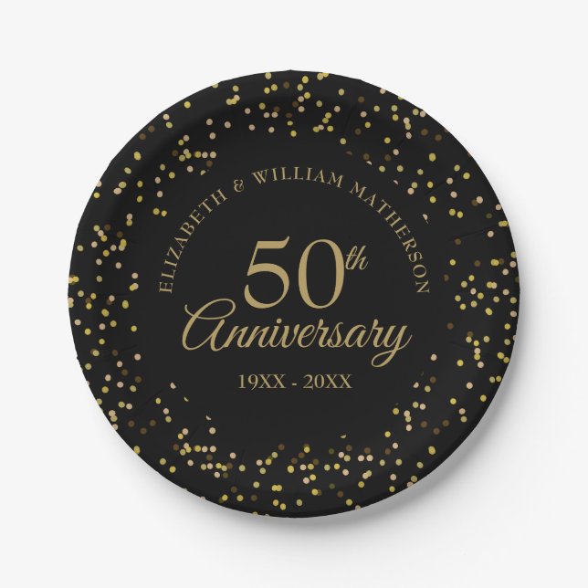 Assiettes En Carton 50e anniversaire Mariage Black Gold Dust Confetti (Devant)