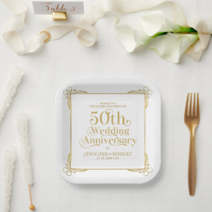 Assiettes En Carton 50e anniversaire Mariage cadre de typographie or