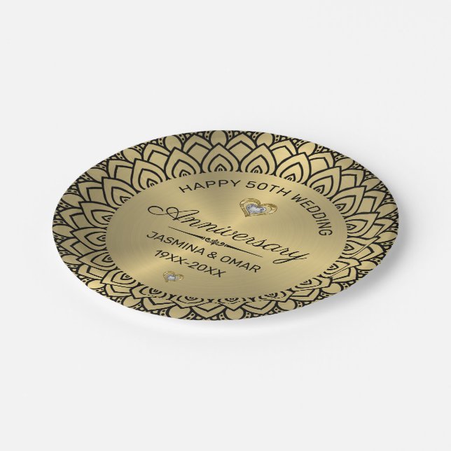 Assiettes En Carton 50e anniversaire mariage or & mandala noir (Angle)