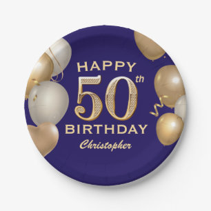 Assiettes En Carton 50e Anniversaire Marine Bleu et Ballons d'or