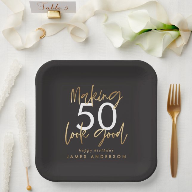 Assiettes En Carton 50e anniversaire noir et or simple élégant moderne (Mariage)