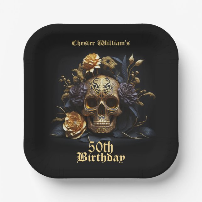 ASSIETTES EN CARTON 50E ANNIVERSAIRE OR SKULL ROSE HALLOWEEN PARTY (Recto)