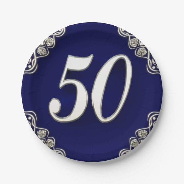 Assiettes En Carton 50e anniversaire ou anniversaire Regal Silver Blue (Devant)