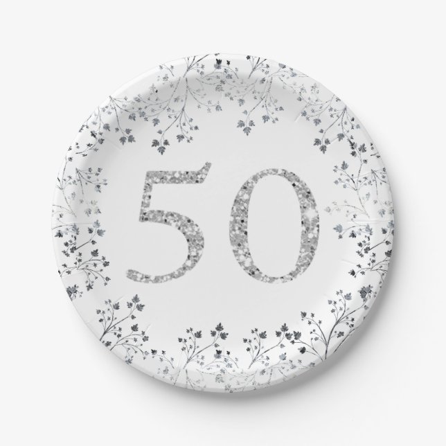 Assiettes En Carton 50e anniversaire, Parties scintillant d'argent, pe (Devant)
