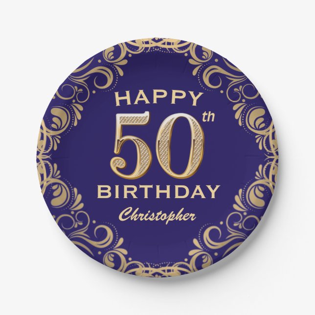 Assiettes En Carton 50e anniversaire Parties scintillant marine bleu e (Devant)