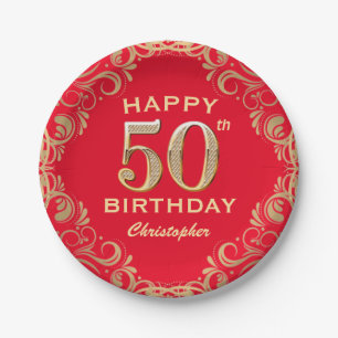 Assiettes En Carton 50e anniversaire Parties scintillant rouge et or c