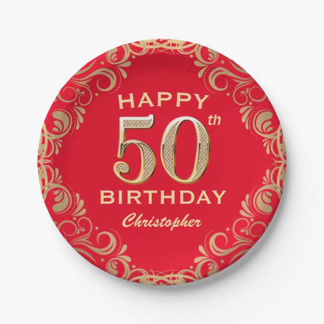 Assiettes En Carton 50e anniversaire Parties scintillant rouge et or c (Devant)