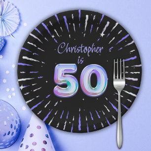 Assiettes En Carton 50e anniversaire pour lui Blue Fireworks Foil Ball