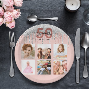 Assiettes En Carton 50e anniversaire rose or argent photo