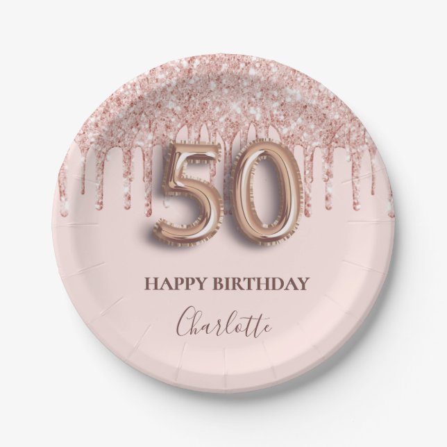 Assiettes En Carton 50e anniversaire rose or parties scintillant rose  (Devant)