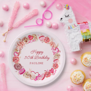 Assiettes En Carton 50e anniversaire Roses roses Tourbillonnant Coeur