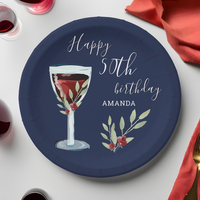 Assiettes En Carton 50e anniversaire Vin rouge Rose Aquarelle Marine B (Créateur téléchargé)