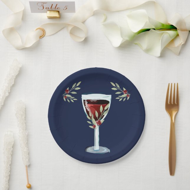 Assiettes En Carton 50e anniversaire Vin rouge Rose Aquarelle Marine B (Mariage)