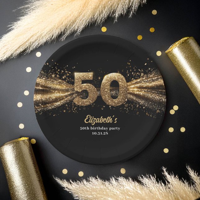 Assiettes En Carton 50e fête d'anniversaire moderne Noir et Or (50th Birthday Party Paper Plates in Gold and Black Colors)