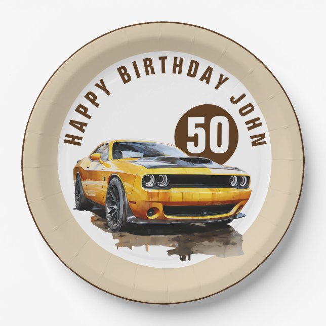 Assiettes En Carton 50ème anniversaire heureux classique voiture de mu (Devant)