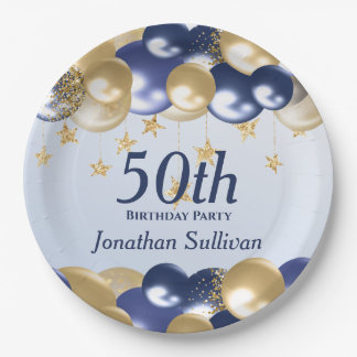 Assiettes En Carton 50th Birthday Navy Gold Balloons Party