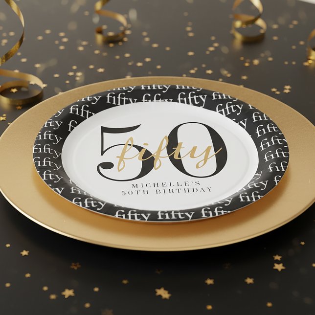 Assiettes En Carton 50th Birthday Party Black White Fifty (Créateur téléchargé)
