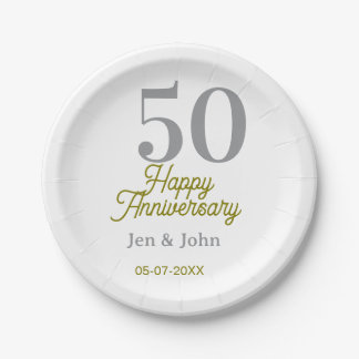 Assiettes En Carton 50th happy anniversary name date silver gold date 