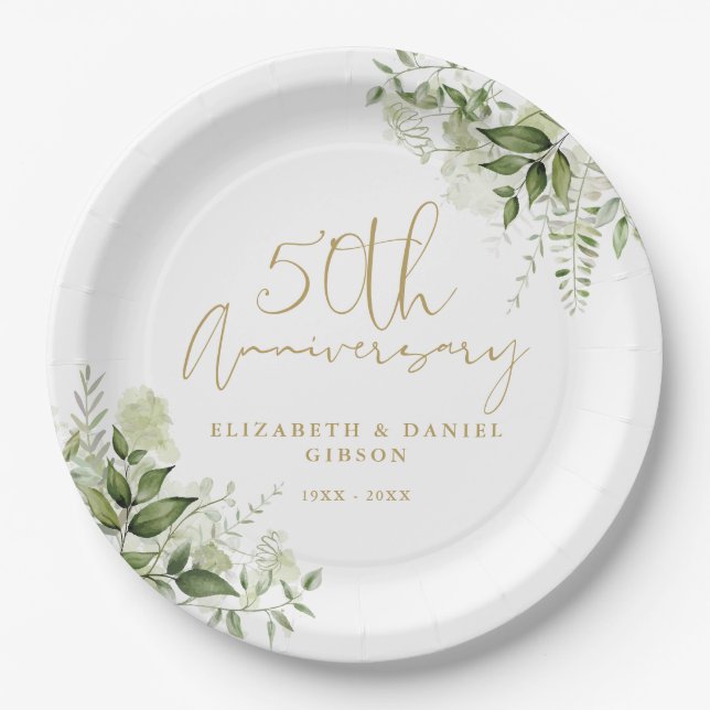Assiettes En Carton 50th Wedding Anniversary Greenery Gold Script (Devant)
