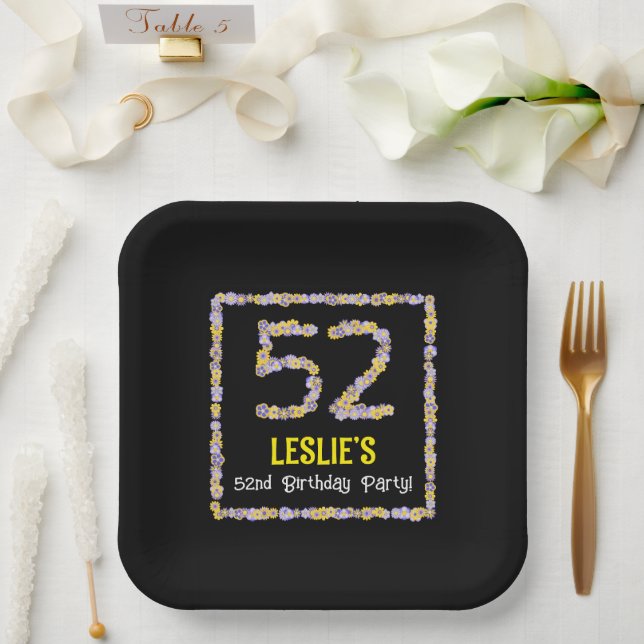 Assiettes En Carton 52e anniversaire : Floral Flowers Numéro, Nom pers (Mariage)
