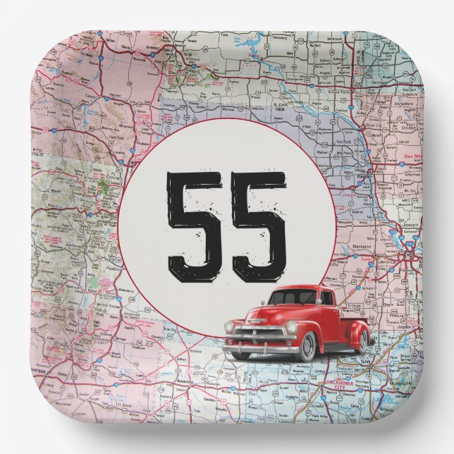 Assiettes En Carton 55e anniversaire Camion rouge Retro sur la carte r (Recto)