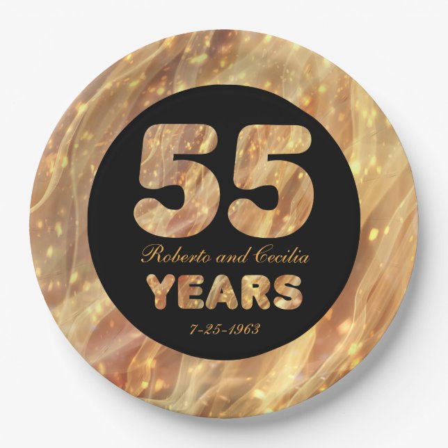 Assiettes En Carton 55e anniversaire du Mariage Gold Party Lumières (Devant)