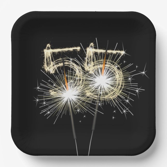 Assiettes En Carton 55e anniversaire Sparklers de la fête sur Noir (Recto)