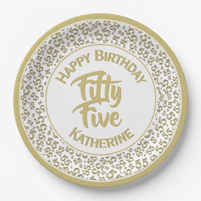 Assiettes En Carton 55e Cool Numéro Motif Or/Blanc (Devant)