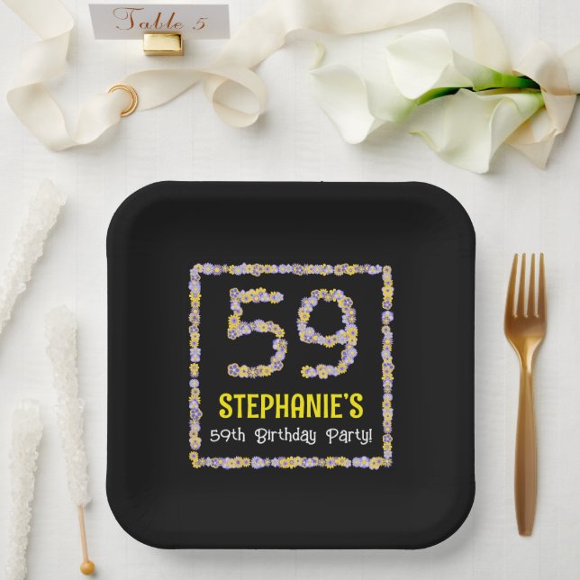 Assiettes En Carton 59e anniversaire : Floral Flowers Numéro, Nom pers (Mariage)