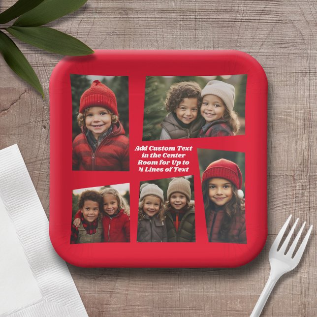 Assiettes En Carton 5 Photo Cadre rétro funky avec texte - Rouge (Personalized Christmas party plates with a photo collage and text)