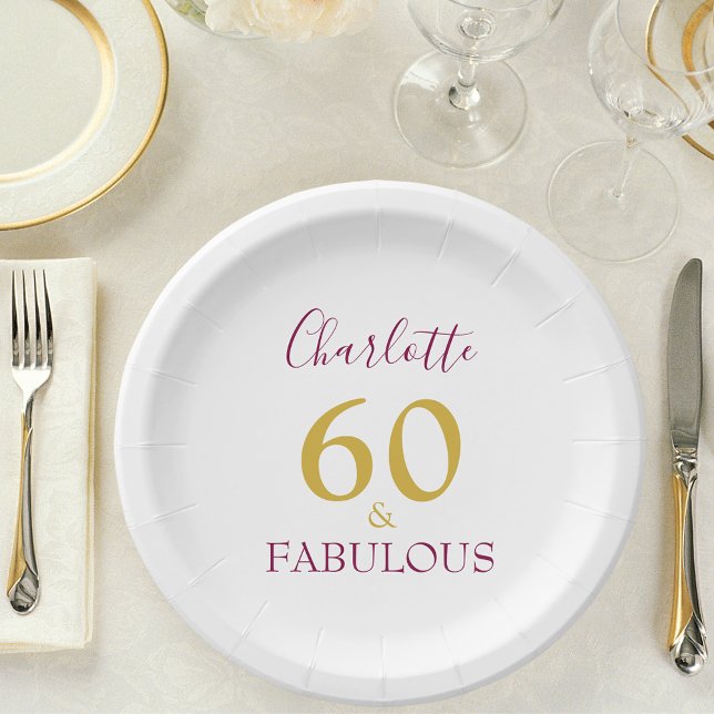 Assiettes En Carton 60 et fabuleux Elégant 60e anniversaire (Stylish 60 and Fabulous purple and gold custom name 60th birthday paper plate )