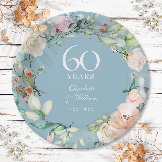 Assiettes En Carton 60e 75e anniversaire du diamant Floral Rose (60th 75th Diamond Anniversary Roses Floral Paper Plates)