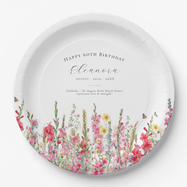 Assiettes En Carton 60e Anniversaire Août Fleur de naissance Fournitur (Devant)