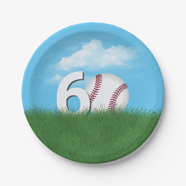 Assiettes En Carton 60e Anniversaire Baseball En Herbe Verte (Devant)