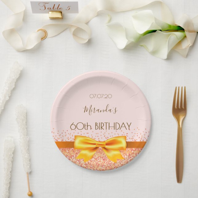 Assiettes En Carton 60e anniversaire blush rose or arc nom (Mariage)